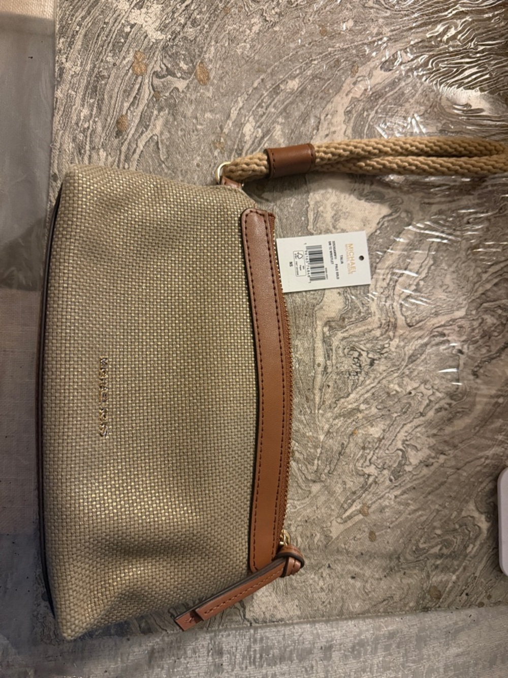 Michael Kors Beige Woven Wristlet with Tan Trim